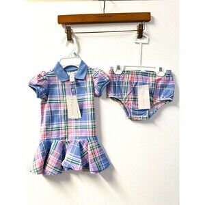 NWT RALPH LAUREN Baby Girls Dress 6 mos Plaid Mesh Polo Dress & Bloomer